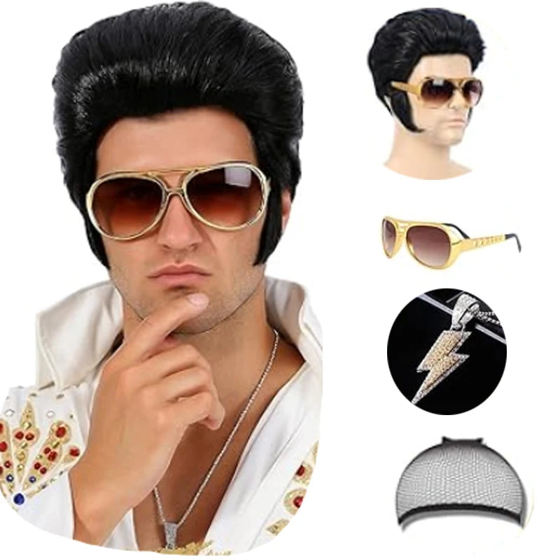 4pcs 50s Rocker Costume Set with Wig, Sunglasses & Lightning Necklace