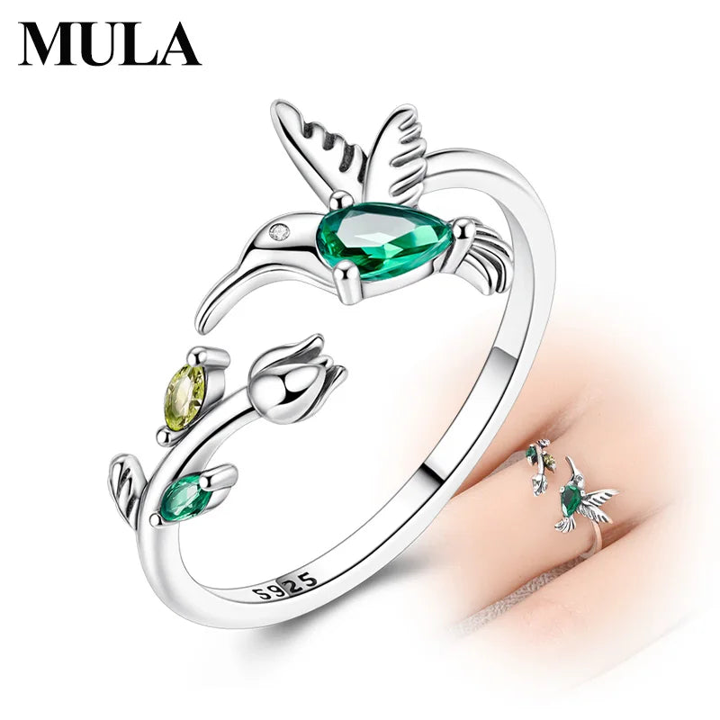 MULA 925 Sterling Silver Tulip Hummingbird Adjustable Ring