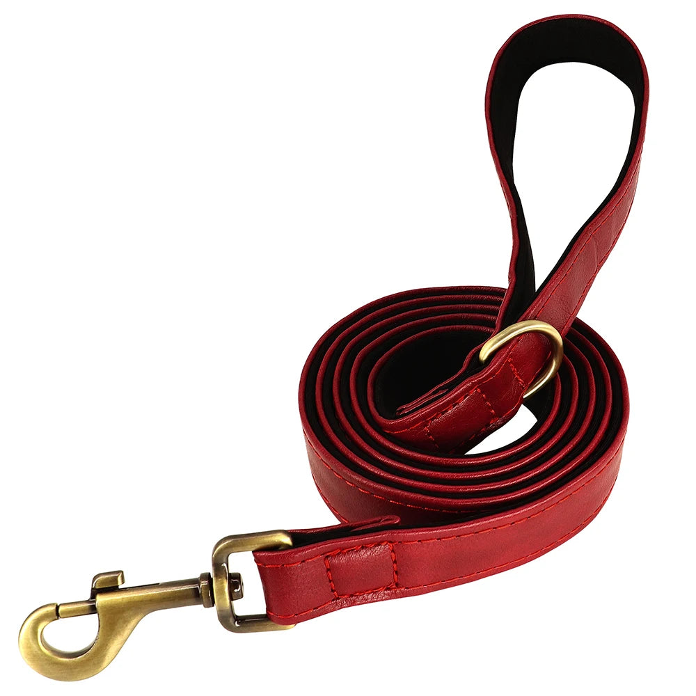 Leather Dog Collar Leash Set Soft Padded