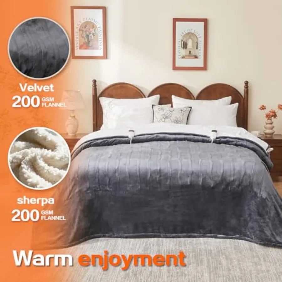 Queen Size 84''x90'' Soft Flannel and Sherpa Electric Blanket with 10 Heating Levels