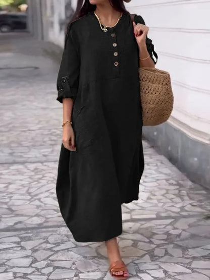 Women's Loose Cotton Linen Long Sleeve Maxi Dress with Pockets