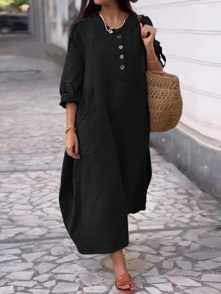 Cotton Linen Long Sleeve Midi Dress - Casual Round Neck Loose Fit Dress with Double Pockets