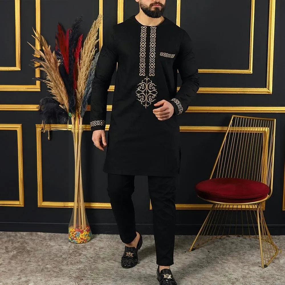 Men's Elegant Dashiki Embroidered Shirt & Full Pant Suit Set