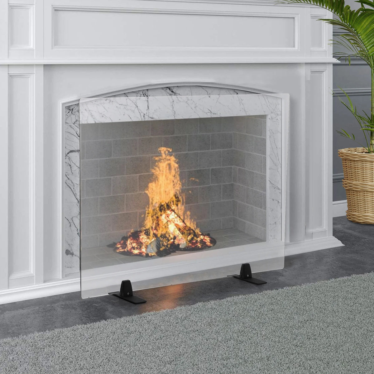Tempered Glass Fireplace Screen – Clear Heat-Resistant Fire Guard with Black Metal Base