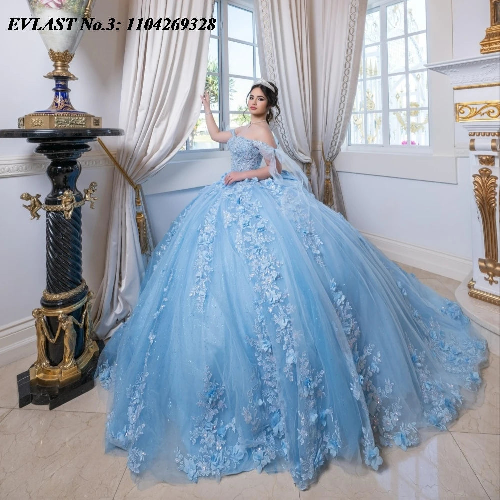 EVLAST Floral Applique Beaded Quinceanera Dress