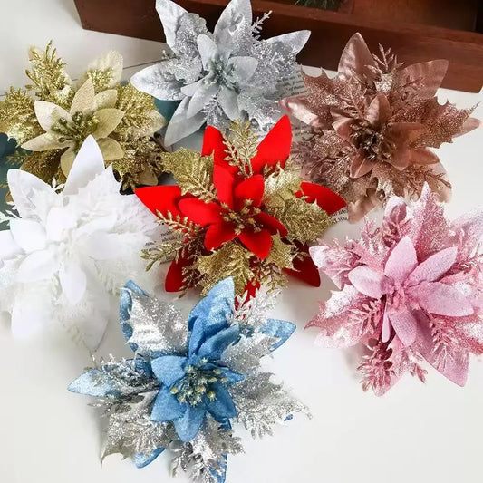 Glitter Artificial Christmas Flowers Set