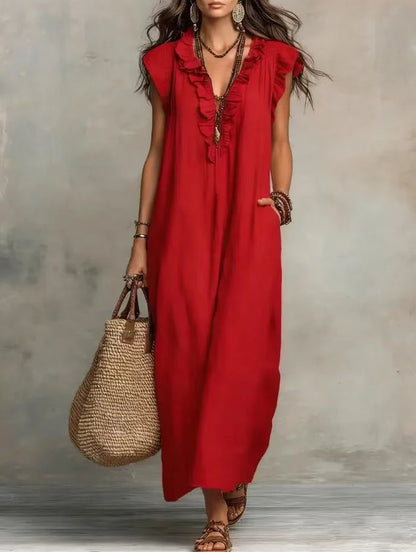 Women's Boho V-Neck Sleeveless Ruffle Solid Color Maxi Dress