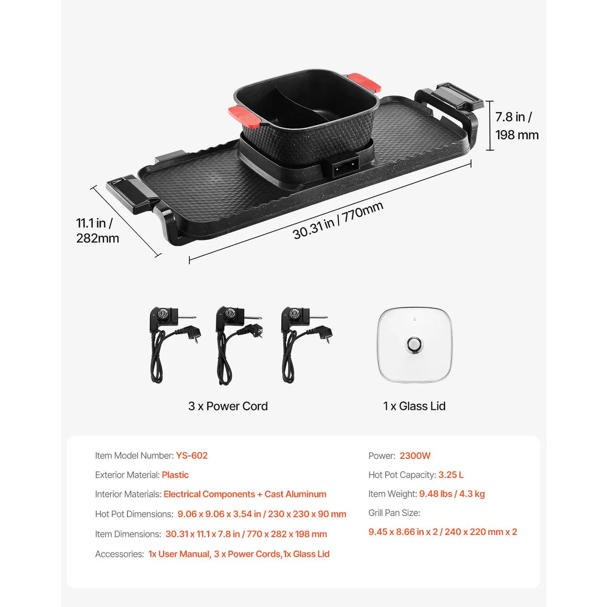 2300W 2-in-1 Electric Smokeless Grill and Hot Pot