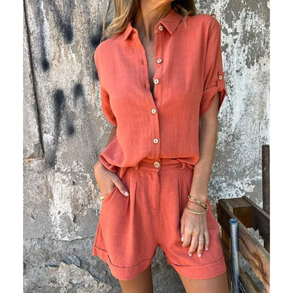 Women's Linen-Blend Button-Down Shirt & Shorts 2-Piece Set