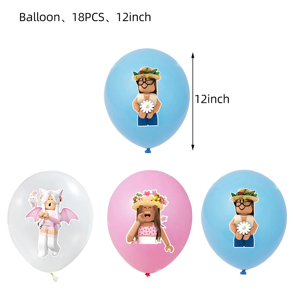 Pink Robloxed Theme Birthday Party Decorations Tableware Balloons Cups Plates Banner Backdrop Set