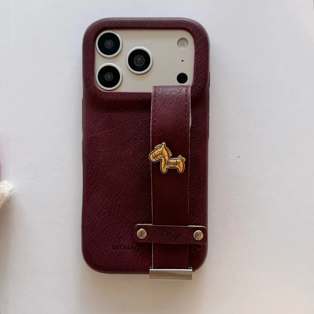 Retro Leather Texture iPhone Case with Wristband Strap & Card Holder