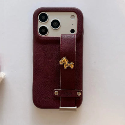 Retro Leather Texture iPhone Case with Wristband Strap & Card Holder