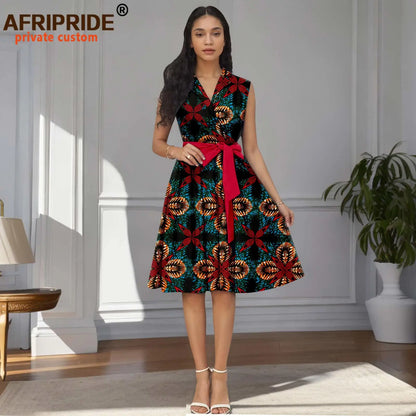 Designer Print Sleeveless High Waist Dress with Sash
