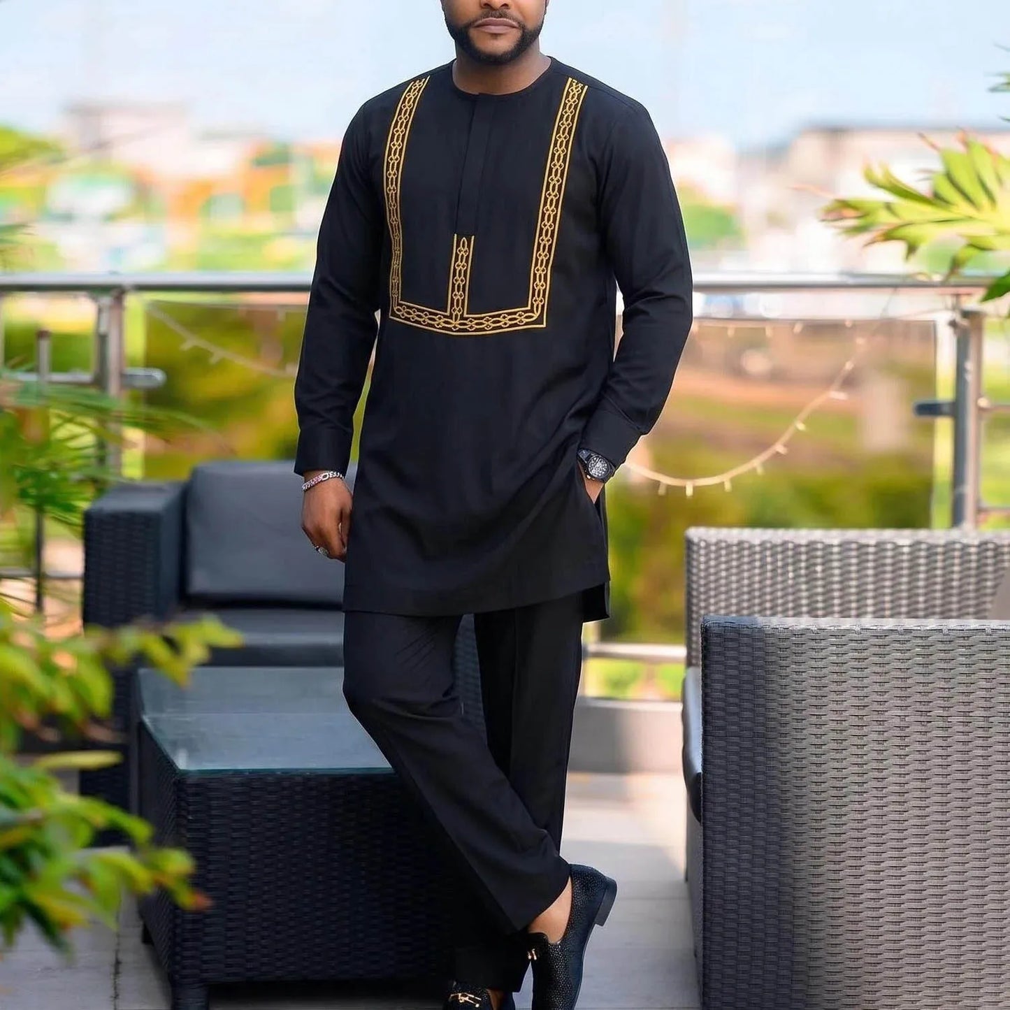 Men's Elegant Dashiki Embroidered Shirt & Full Pant Suit Set