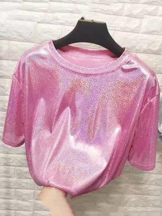 Shiny Loose Short-sleeve Blouse
