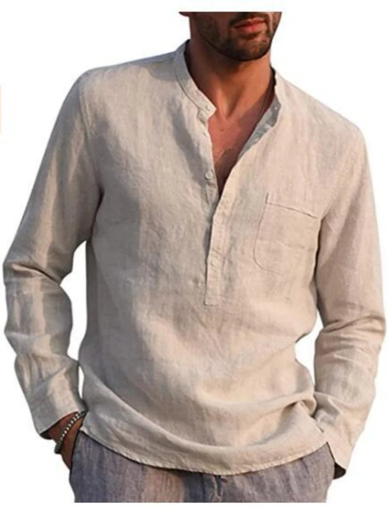 Men's Linen Long Sleeve Stand Collar Shirt