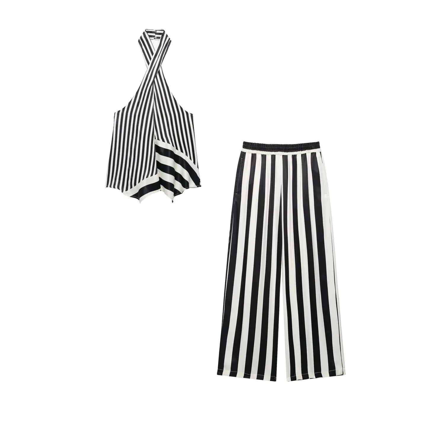 Women's Stripe Halter Top & Wide-Leg Pant 2-Piece Suit Set