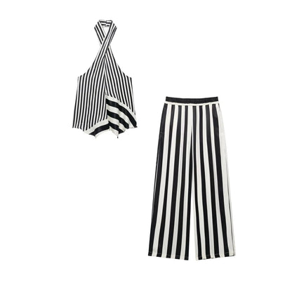 Women's Stripe Halter Top & Wide-Leg Pant 2-Piece Suit Set