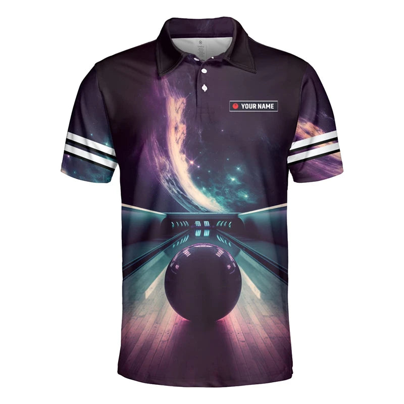 Men's Custom Name Cosmic Bowling Graphic Polo Shirt
