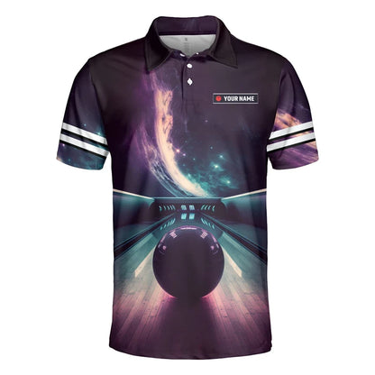 Men's Custom Name Cosmic Bowling Graphic Polo Shirt