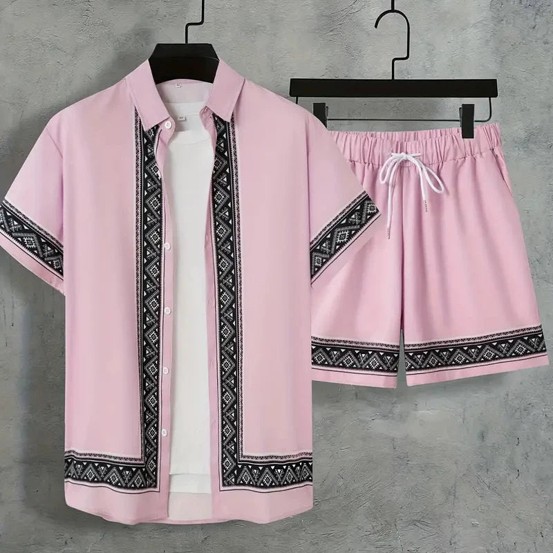 Men's Tropical Hawaiian Printed Short Sleeve Shirt & Shorts 2-Piece Suit Set
