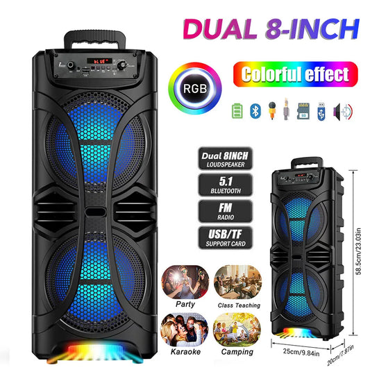 6000W Dual 8" Portable Party Bluetooth Speaker – Rechargeable Outdoor Karaoke System with LED Lights