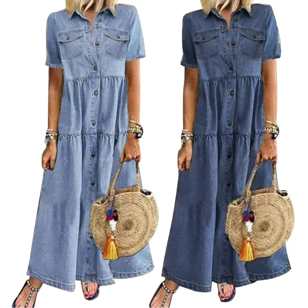 Women's Loose Denim Maxi Shirt Dress with Pockets & Lapel Collar