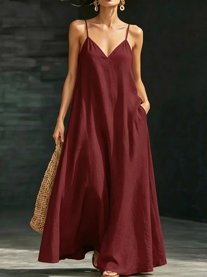 Women’s Casual V-Neck Spaghetti Strap Maxi Dress – Loose Swing Summer Beach Sundress
