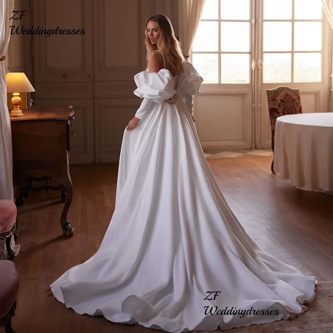 Beaded Shoulder Strapped Sequined Shiny Wedding Dress With Satin Detachable Train
