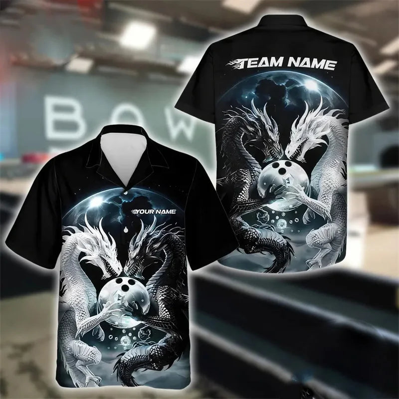 Men's Custom Name Blue Flame Bowling Polo Shirt