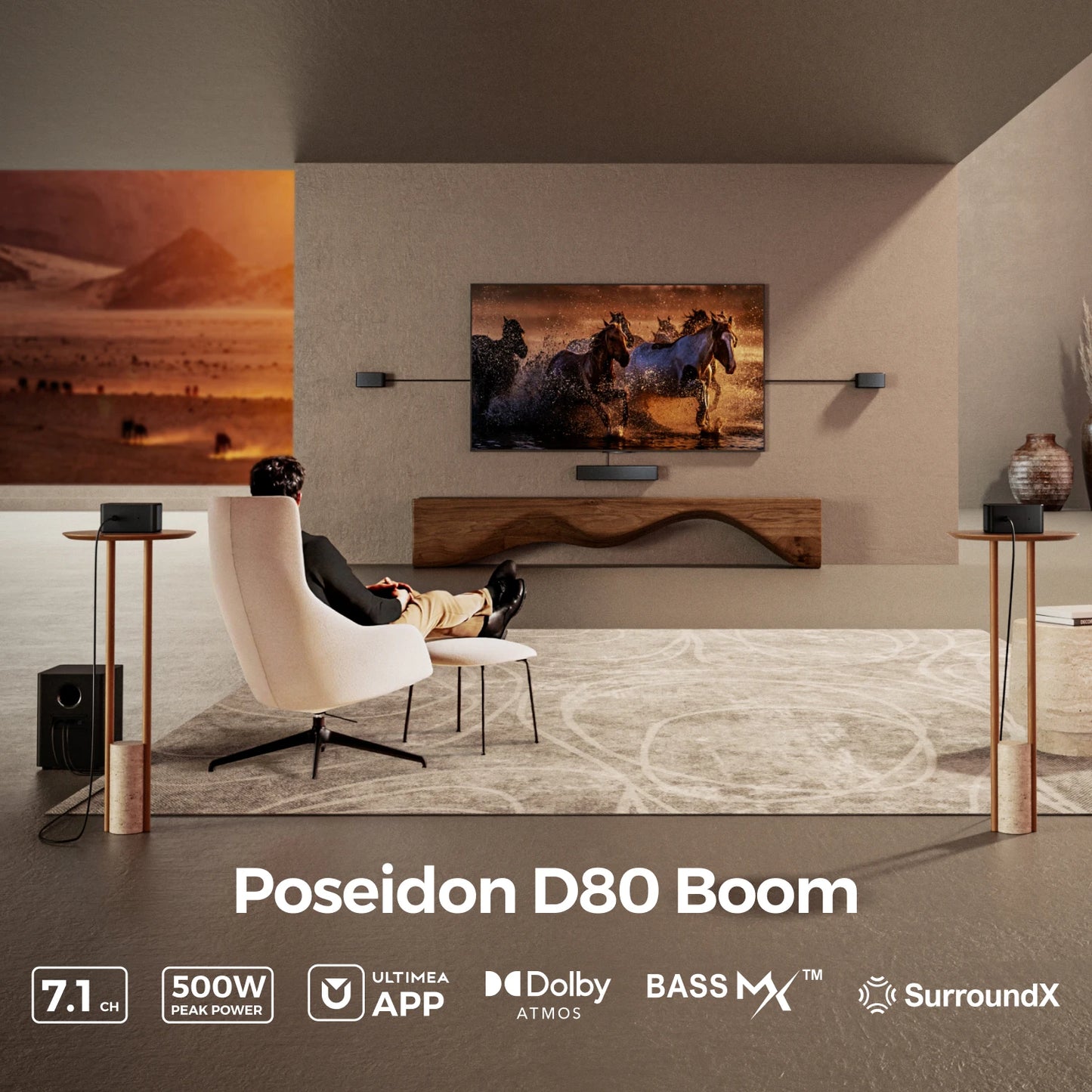 ULTIMEA Poseidon D80 Boom 7.1 Channel Dolby Atmos Soundbar - 500W Home Theater System with Wireless Subwoofer & Surround Speakers
