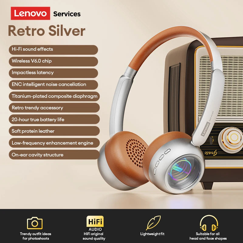 Lenovo Retro Wireless Bluetooth 6.0 Over-Ear Headphones with LED Lighting