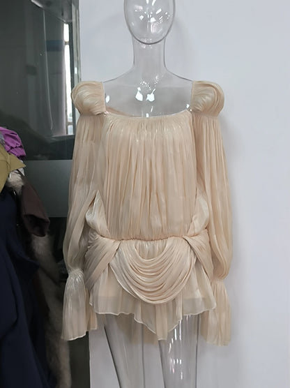 Satin Off-Shoulder Pleated Mini Dress with Puff Sleeves