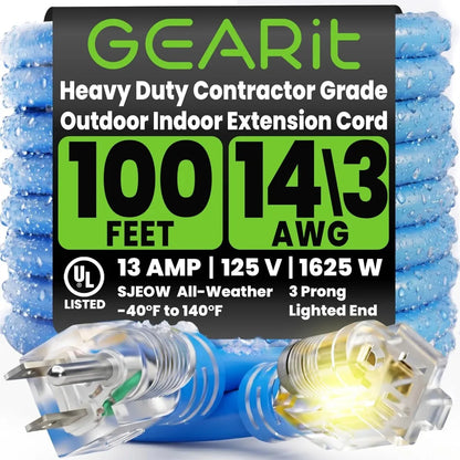 100 FT 14/3 Heavy-Duty Outdoor Extension Cord – Waterproof Power Cable with Lighted Plug