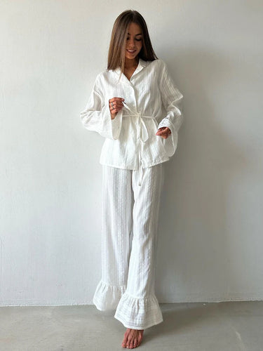 Long Sleeve Top and Long Ruffled Bottom Loose Fit Pajamas
