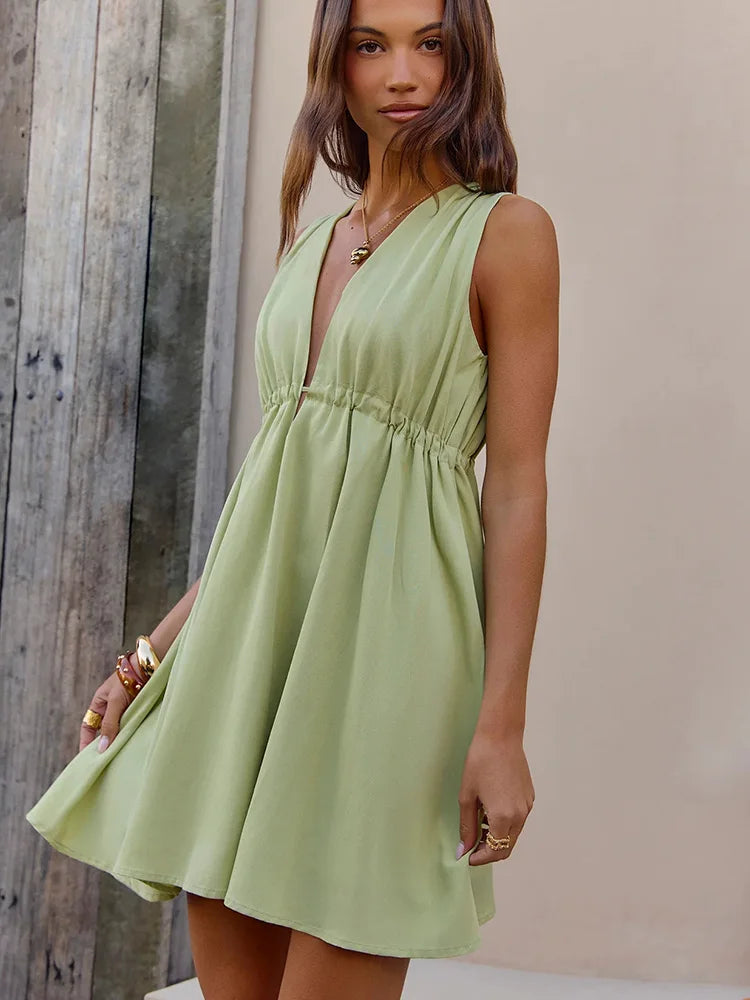 Women's Casual V-Neck Pleated Tank Mini Dress