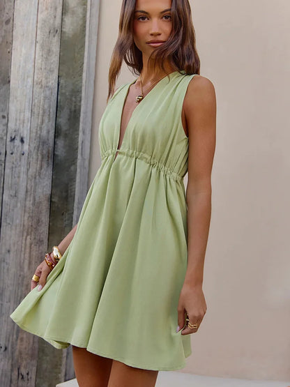 Women's Casual V-Neck Pleated Tank Mini Dress