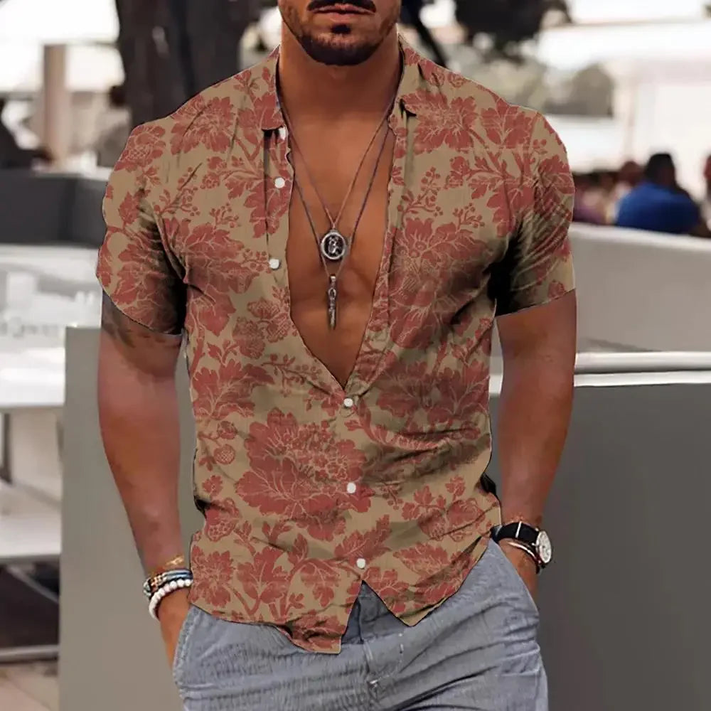 3D Plant Print Quick-Dry Short Sleeve Shirt