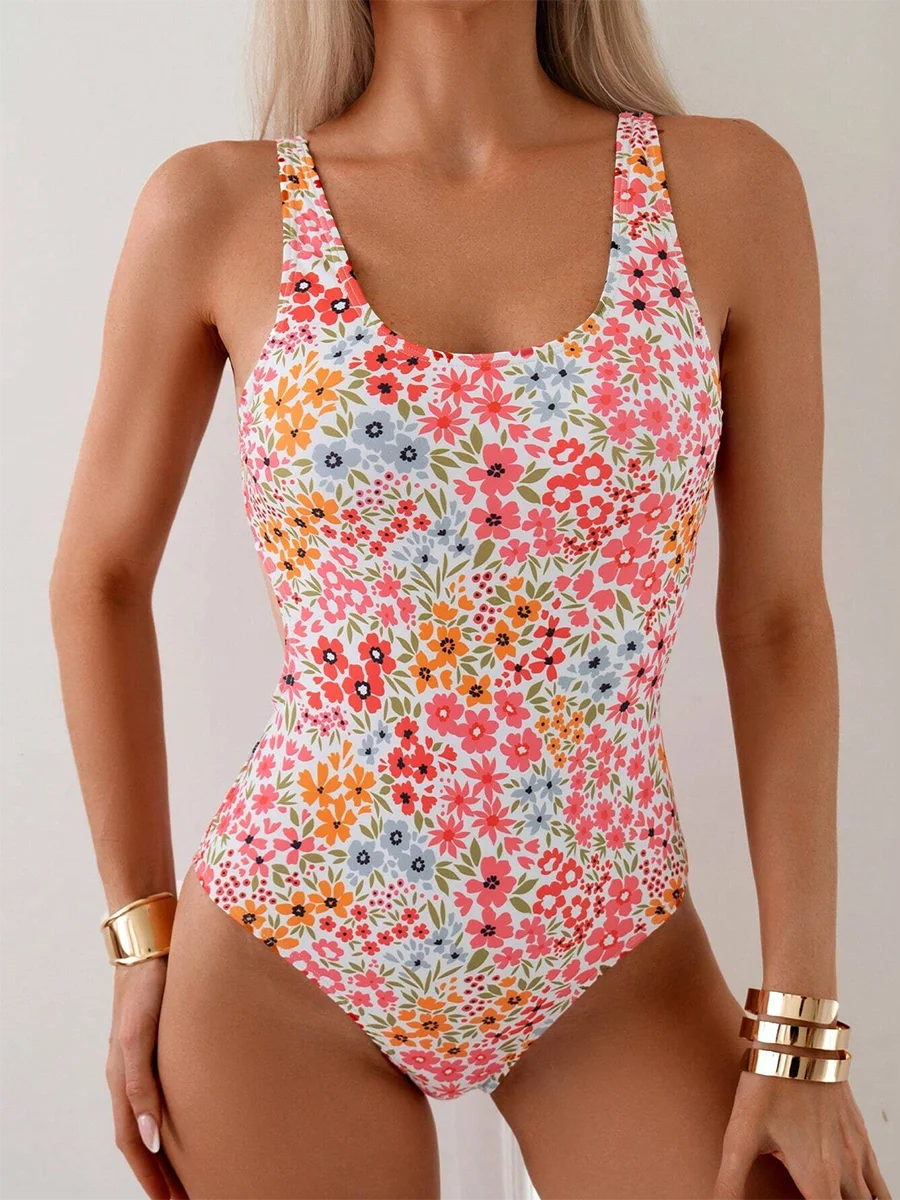 Floral One Piece Square Neck Bathing Suit