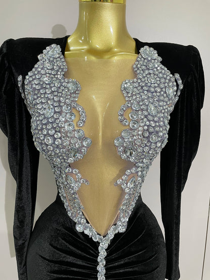 Sparkly Mesh Black Velvet Short Dress