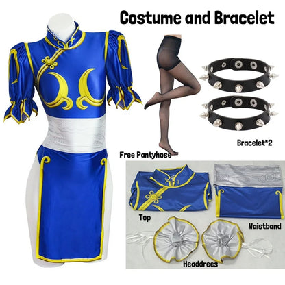 Women's Street Fighter Chun Li Cosplay Costume - Blue Cheongsam Dress with Headdress & Waistband Set