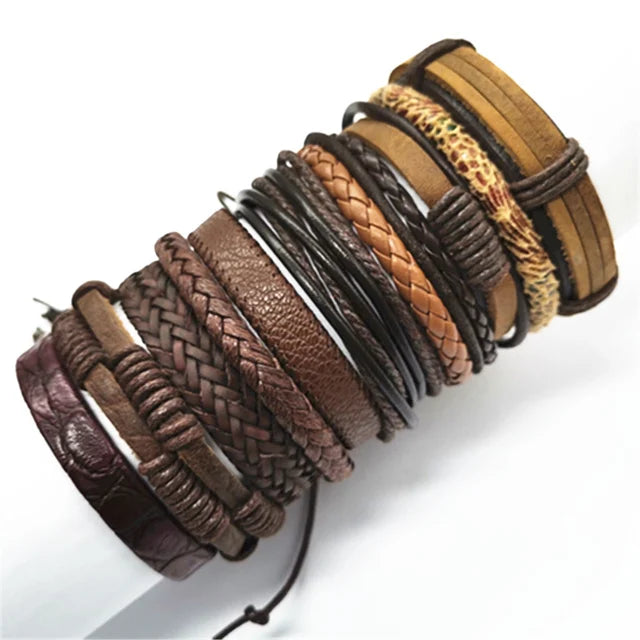 10 Pcs/set Black Wrap Woven Handmade Leather Bracelets