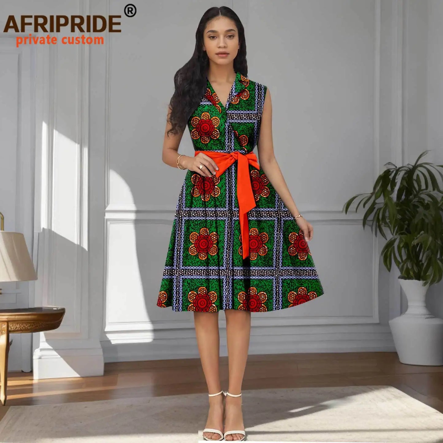 Designer Print Sleeveless High Waist Dress with Sash