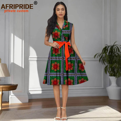 Designer Print Sleeveless High Waist Dress with Sash