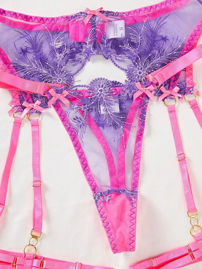 Women’s Pink Floral Lace Lingerie Set – Sensual Contrast Garter Belt & See-Through Bra 3PC Set