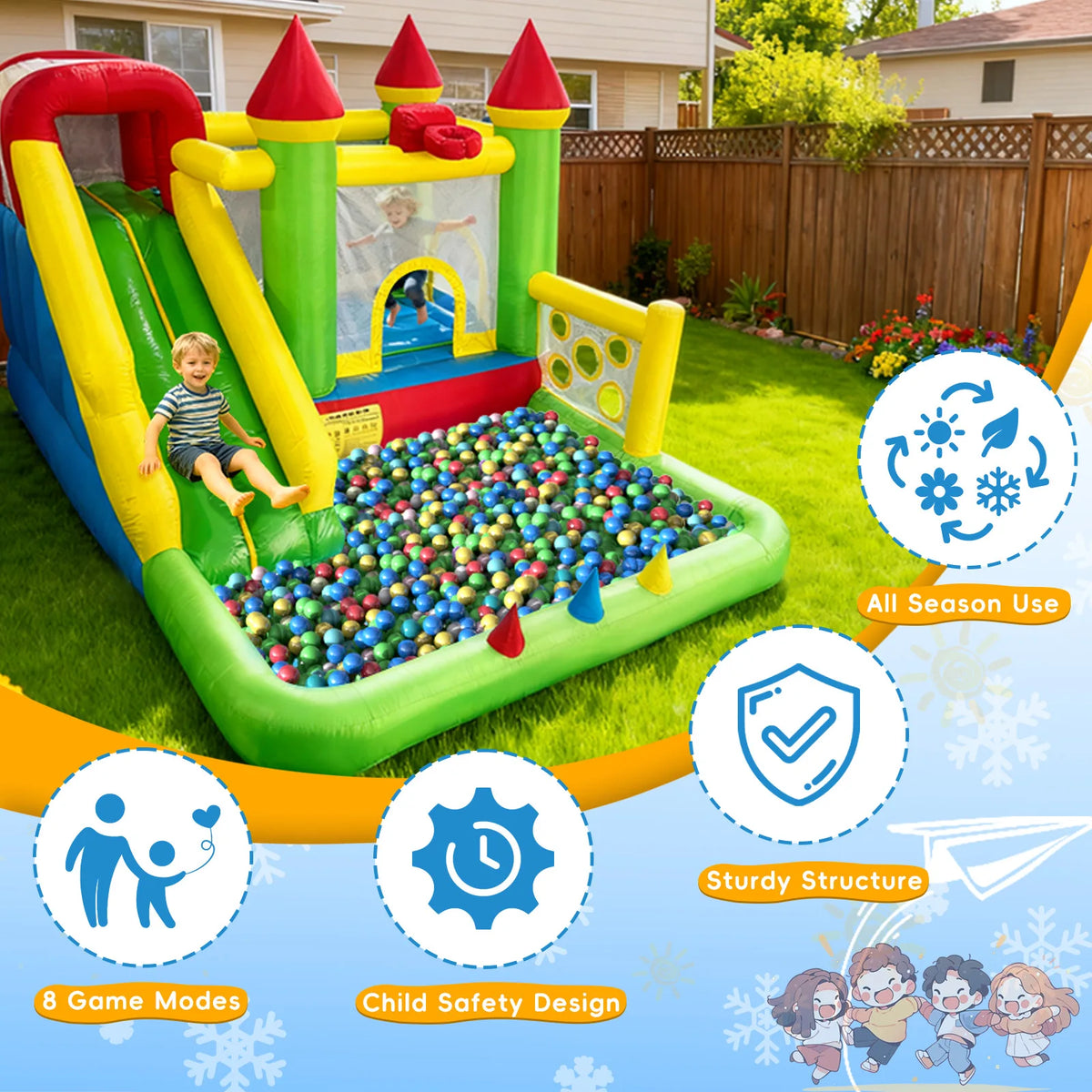 Inflatable Bouncy Castle Bounce House with Slide & Ball Pit Combo