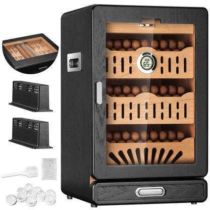 Glass-Top Tabletop Cigar Humidor Cabinet with Spanish Cedar Trays & Digital Hygrometer