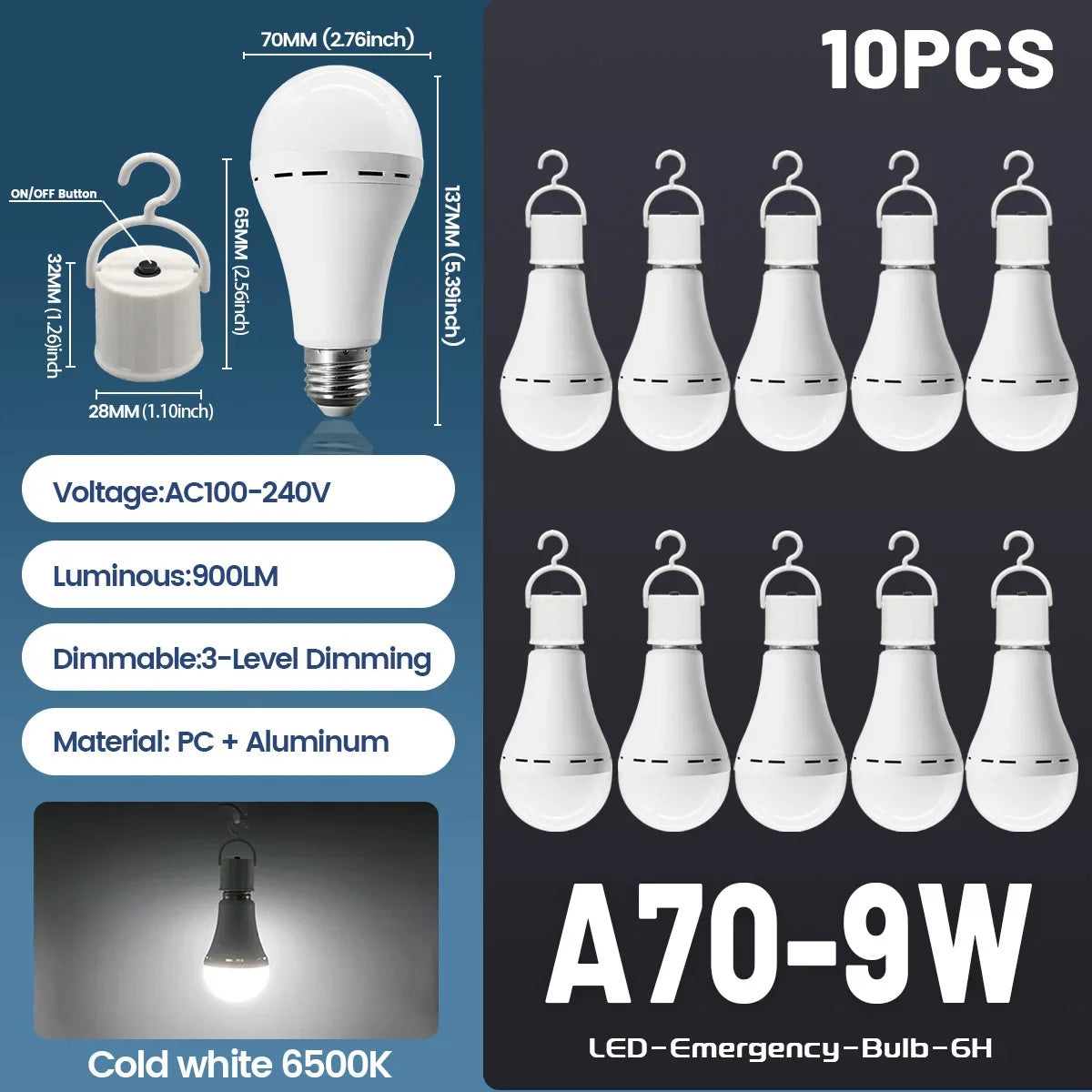 9W Rechargeable Emergency LED Light Bulb with 1500mAh Backup Battery