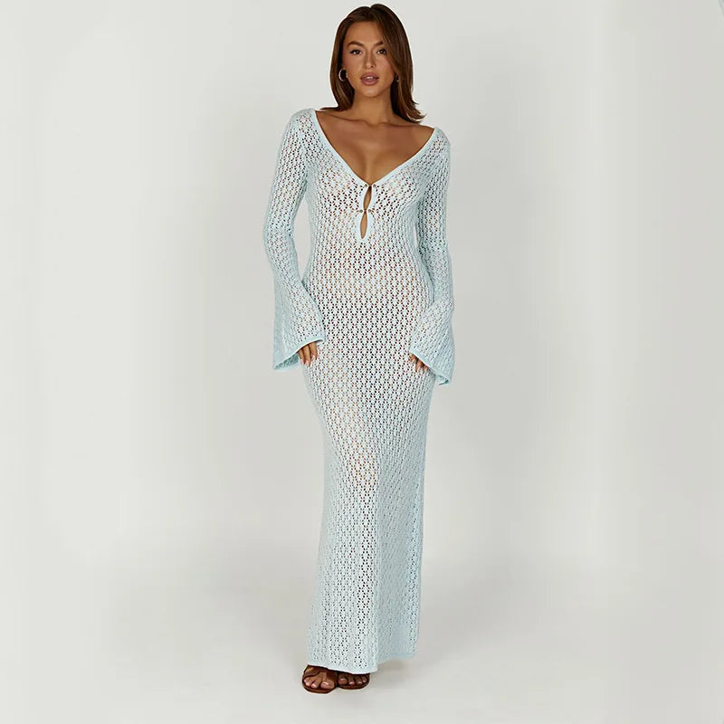Women's Deep V-Neck Backless Knit Beach Cover-Up Dress