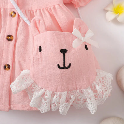 2PCS Baby Girl Pink Short Sleeve Dress with Cute Shoulder Bag
